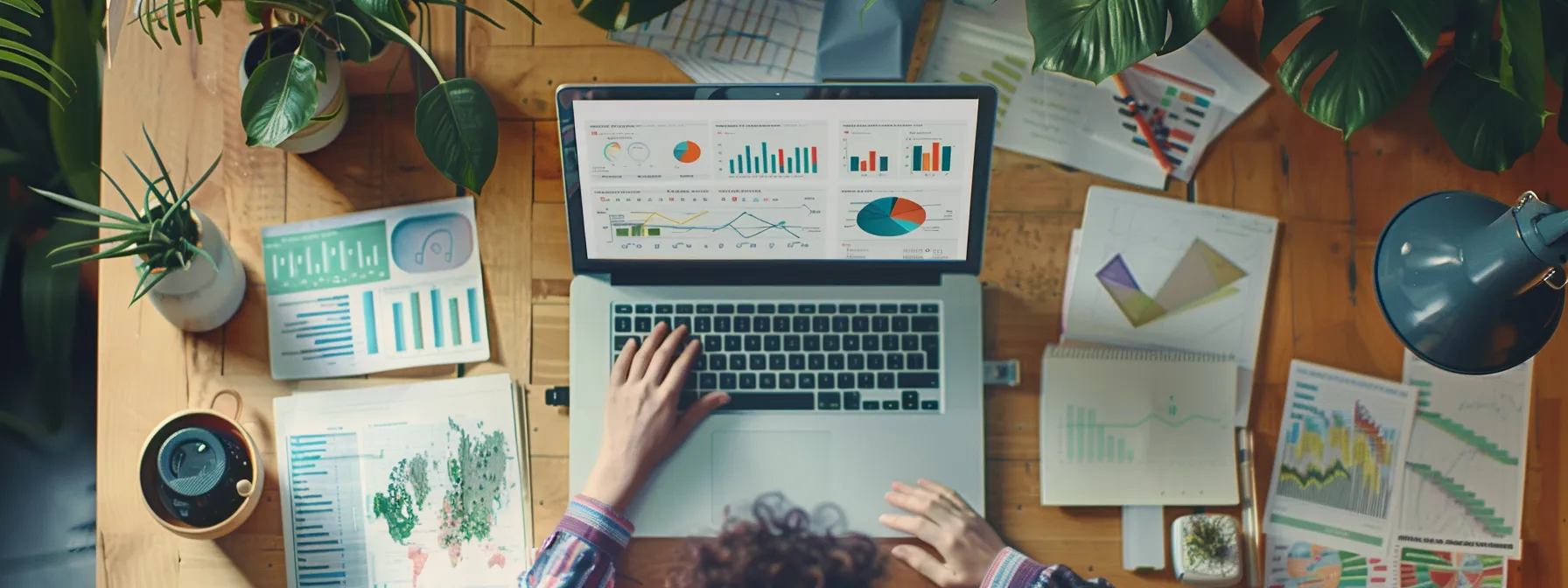 a person typing on a laptop surrounded by various marketing materials and analytics charts.
