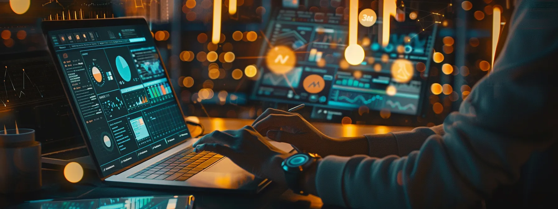 a person typing on a laptop while surrounded by various screens displaying analytics, charts, and social media platforms.